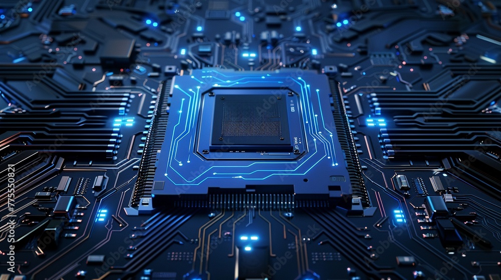 Fototapeta premium Abstract blue circuit board background with chip and electronic elements on black, high tech vector illustration