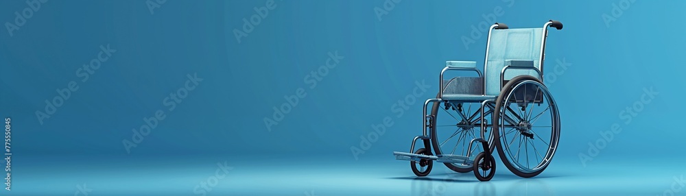 A wheelchair against a blue background, symbolizing mobility assistance and the importance of accessibility in healthcare, super detailed