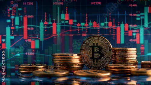 A stock market chart background with bitcoin and gold coins in the foreground. The charts show rising green candles and red descending bar lines.