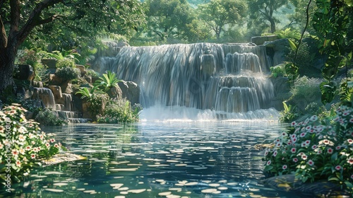Refreshing waterfall  Evoke the feeling of rejuvenation and vitality associated with the sight and sound of a refreshing waterfall