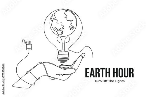Continuous one line drawing earth hour day concept. Doodle vector illustration.