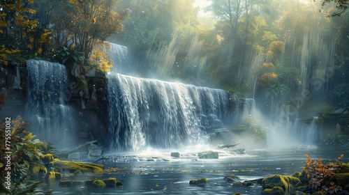 Dramatic waterfall, Capture the dramatic lighting and composition of a waterfall, emphasizing its dynamic qualities and creating a sense of intensity 