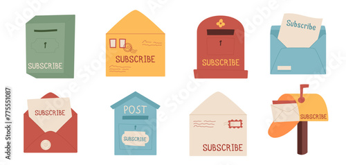 Flat style mailbox collection subscribe concept, creative craft mail in postbox set for newsletter template, cartoon handmade envelope subscription illustration and trendy greeting postcard background