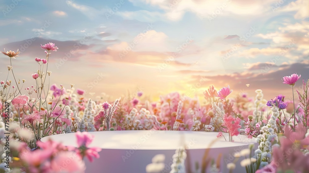 Elegant Product Display Podium in Field of Vibrant Flowers, Soft Morning Light, Photorealistic Digital Painting