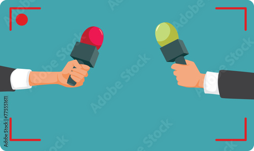 Reporters Recording an Interview Copy Space Background Design. Professional journalists covering live events in breaking news segment
