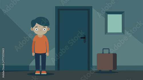A depiction of a child standing in front of a door with a suitcase symbolizing the feeling of being unwanted and abandoned in a neglected