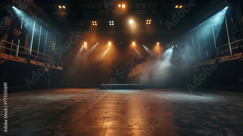 Empty Music Hall Stage with Dramatic Spotlights and Dark Atmosphere, Concert or Event Venue Background