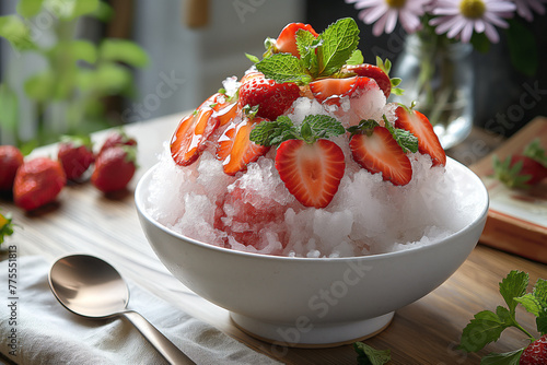 white shaved ice is scooped into a tall round mound on a simple white ceramic bowl. Fresh, large, bright red strawberries are thinly sliced and placed on top of the shaved ice, and decorated with mint