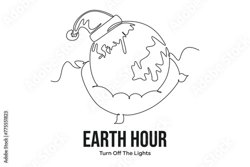 Continuous one line drawing earth hour day concept. Doodle vector illustration.