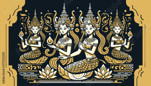 Creative Solid Golden, Goddess woman very beauty with Asian features traditional, vector flat dark background photo