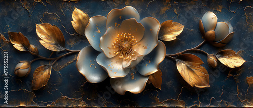 Three-dimensional oil painting, beautiful japanese flower, black and gold