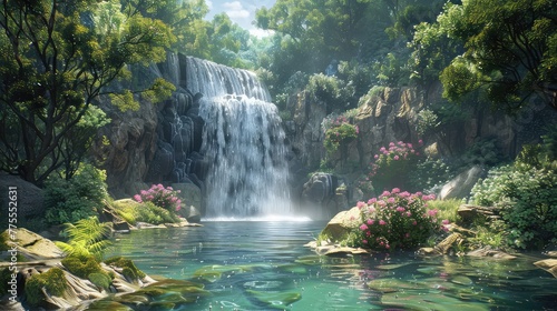 Scenic waterfall  Highlight the picturesque qualities of a waterfall  focusing on its aesthetic appeal and the serene atmosphere it creates