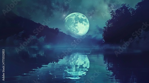 Enchanting Moonlit Reflections Dancing on Tranquil Lake Surface, Concept Illustration © Bijac