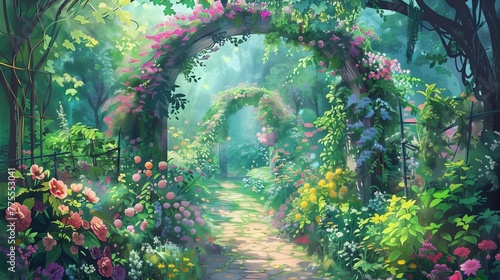 Enchanting secret garden with flower arches and vibrant greenery, fairytale digital painting