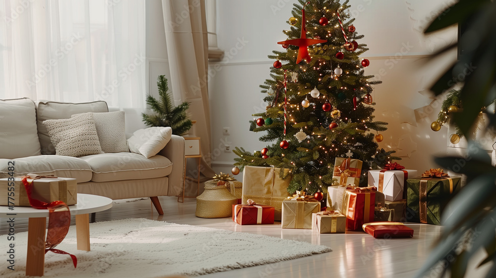 christmas tree with presentsin living room