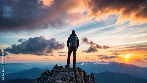 Climber Standing on the Top of a Mountain Looking at the Sunset Spirit of Adventure Success Natural Beauty Achievement Freedom of Exploration 