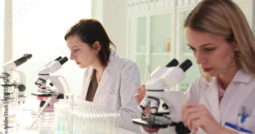 Young female researchers working together in a clinical laboratory examine a sample using a microscope photo