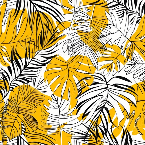 seamless tropical leaves colorful summer doodle pattern