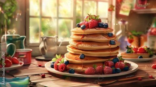 Pancakes Piled High Adorned with Fresh Berries and Drizzling Syrup in Morning Light