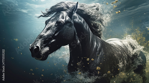 generated illustration of black horse horse swimming underwater view