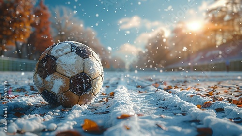 soccer ball in the snow in an empty stadium sports winter break season pause or end copy space generative ai