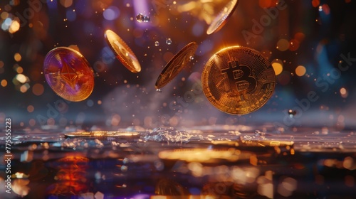 Suspended Bitcoin coin in midair with vivid reflection in a vision of future finance