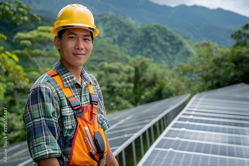 Engineer Worker Inspecting or Installing Solar Panels in Sustainable Energy Landscape Engineer Worker Inspecting or Installing Solar Panels in Sustainable Energy Landscape
