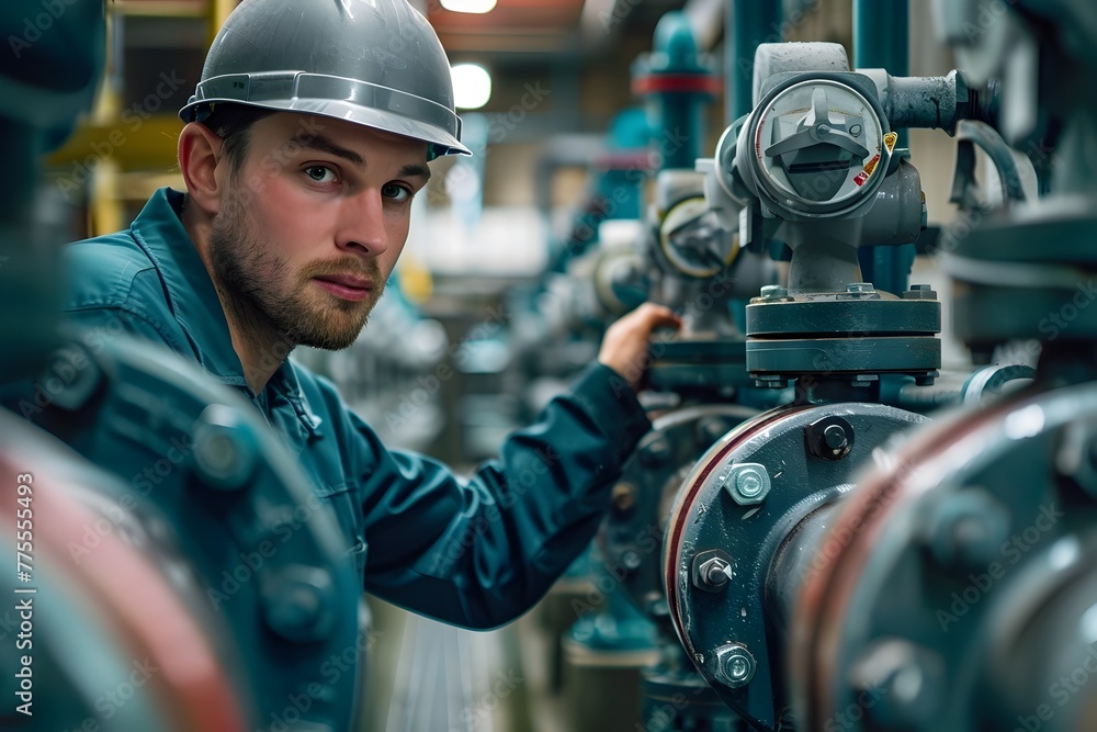 Male Worker Inspecting Water Supply Pump Valves and Equipment at Industrial Facility Male Worker Inspecting Water Supply Pump Valves and Equipment at Industrial Facility