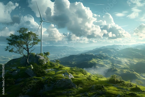 Majestic Wind Turbine Surrounded by Lush Mountainous Landscape Showcasing the Beauty and Promise of Renewable Energy