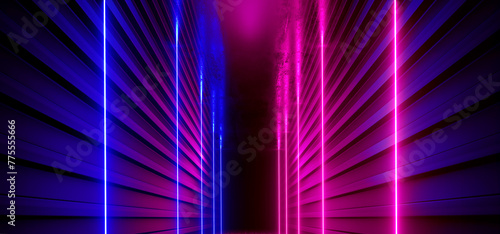Laser Show Stage Neon Retro Modern Sci Fi Futuristic Cyber Future Concrete Corridor Triangle Shape Dark Empty Showcase Studio Room Garage Hallway Portal 3D Rendering