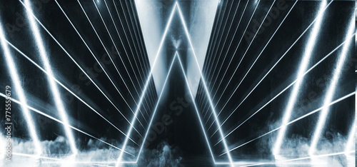 Sci Fi Triangle Smoke Futuristic Neon Laser Spaceship Future Dark Corridor Glowing White Concrete Grunge Hallway Reality Fluorescent Space Underground 3D Rendering
