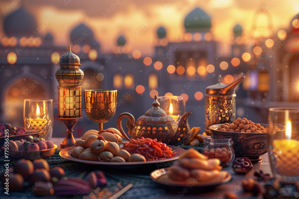 A table with a variety of food and drinks, including a teapot, candles, and a bowl of nuts. Scene is festive and celebratory, likely for a special occasion or holiday