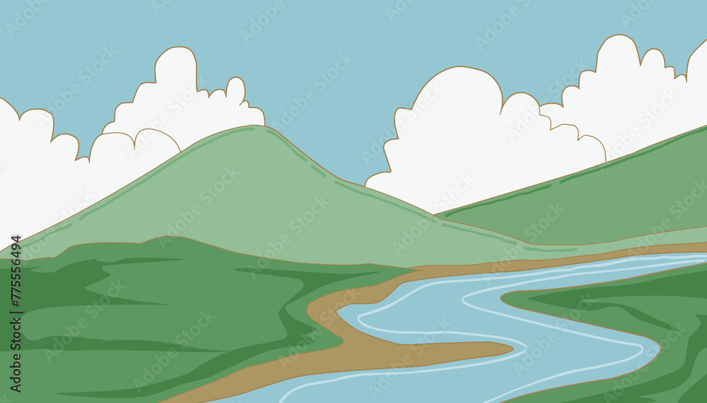 Obraz premium Background with a theme of green mountains and blue sky. Perfect for wallpapers, storybook covers, children's books