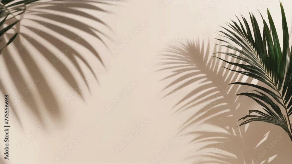 Blurred shadow from palm leaves on the light cream wall. Minimalistic beautiful summer-spring background for product presentation. palm tree leaves. Set of shadow background overlays. Realistic Shadow