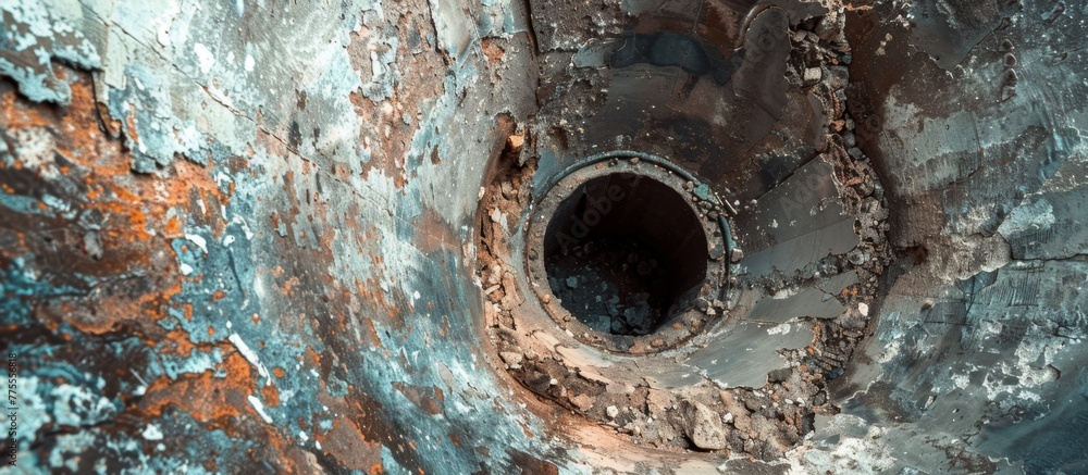 Rusted metal pipe with a hole