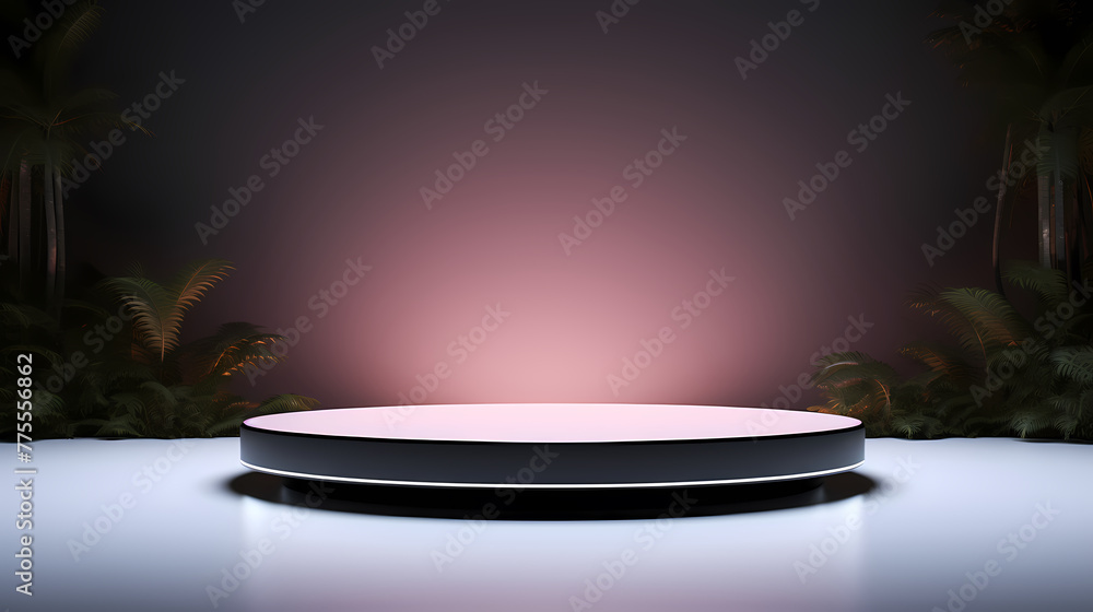 Neon modern stand display platform black pedestal on white room background Neon modern stand display platform black pedestal on white room background