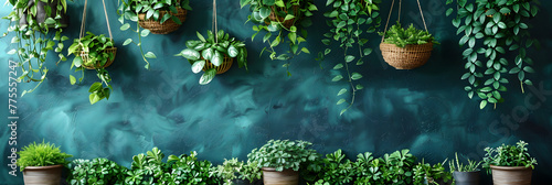 Various plants on pots and vines on the wall, decorative plants, decorative floral, go green environ,
Plants in hanging pots against a dark green back
 photo