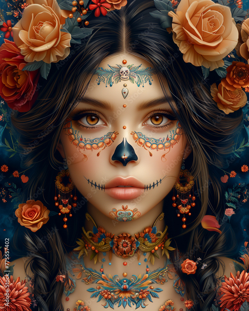 Mexican girl with makeup in the style of a sugar skull, on a background of red roses. Traditional style for Mexican holidays