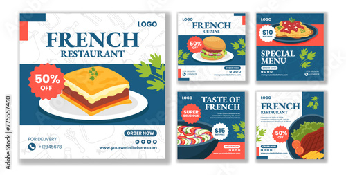 French Restaurant Social Media Post Flat Cartoon Hand Drawn Templates Background Illustration