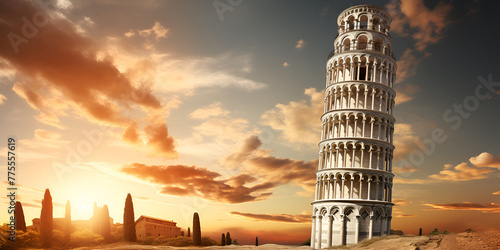 Leaning Tower of Pisa building picture in Italy historical sites architectural wonders sunset sky background
 photo