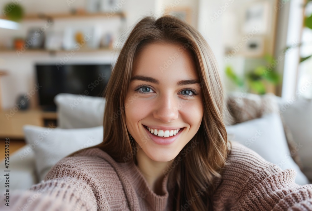Smiling Young Woman Taking a Selfie in a Cozy Living Room During the Daytime Smiling Young Woman Taking a Selfie in a Cozy Living Room During the Daytime