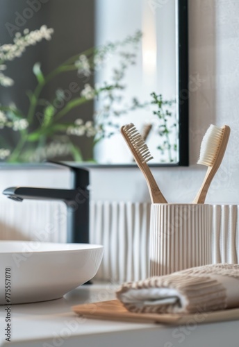 Sustainable Bamboo Toothbrushes on Wooden Tray in Modern Bathroom Setting