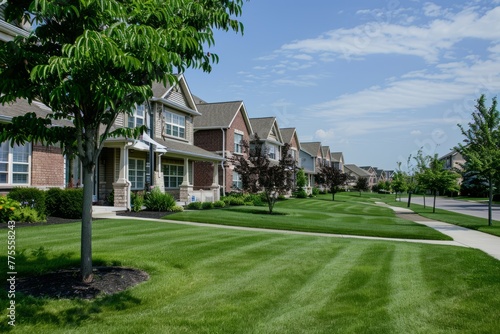 Professional Photography of a Suburban Townhouse Community With Manicured Lawns  Communal Amenities  and Close-Knit Neighborhood Charm  Generative AI