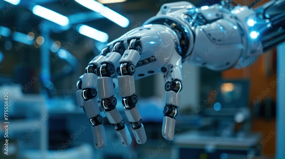 Automated robot arms work in machinery areas in factories, robots used in industrial production for precision Automated robot arms work in machinery areas in factories, robots used in industrial production for precision