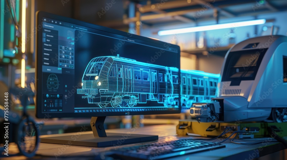 Project Manager and Chief Mechanical Engineer, Computer Display Point Displaying a 3D electric train model in CAD Software Project Manager and Chief Mechanical Engineer, Computer Display Point Displaying a 3D electric train model in CAD Software