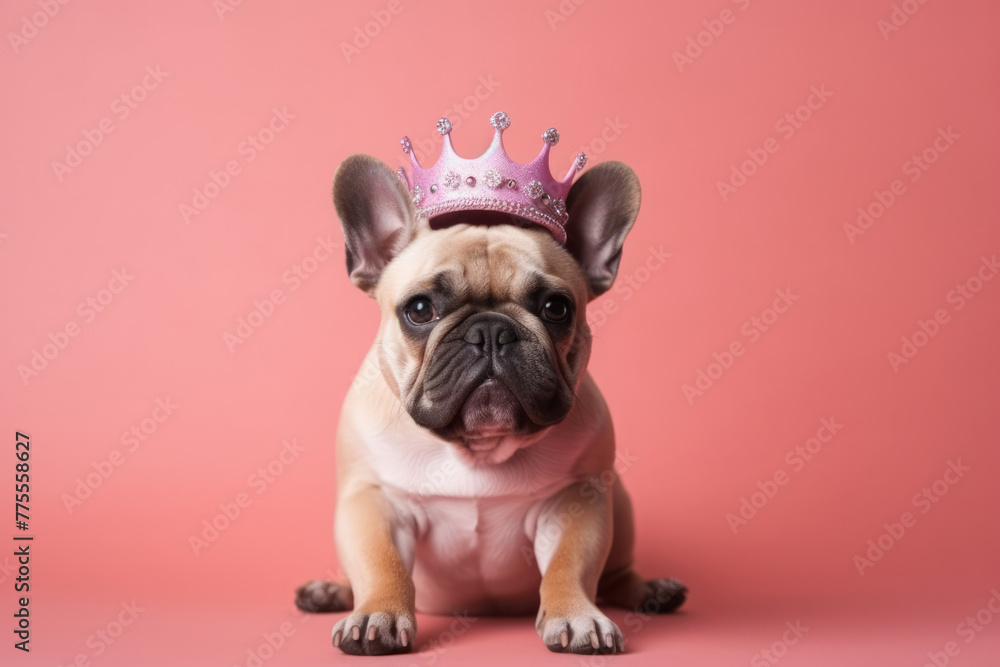 French Bulldog puppy wearing pink princess crown on her head, sitting in center of peach solid background. Royal breed, queen dog. Fashion beauty for pets.
