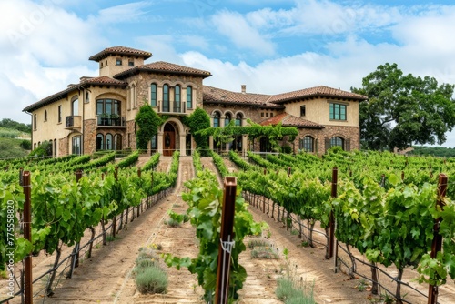 Professional Photography of a Vineyard Estate With Rolling Vineyards, Wine Cellar, and Tuscan-Inspired Villa, Generative AI (ID: 775558820)