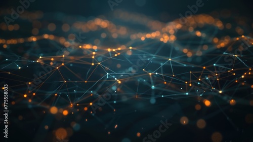 A dark background with an abstract grid of glowing connections and nodes representing the complexity of global data flow, symbolizing AI technology's impact on digital communication