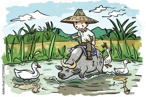 Cartoon cute doodles of an Asian farmer riding a water buffalo through a muddy rice field, with playful ducks following behind, Generative AI photo