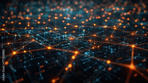 A dark background with an abstract grid of glowing connections and nodes representing the complexity of global data flow, symbolizing AI technology's impact on digital communication